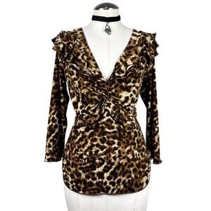 Susan Lawrence Vtg Y2k Leopard Print Ruched Ruffle Office Siren Grunge Blouse L